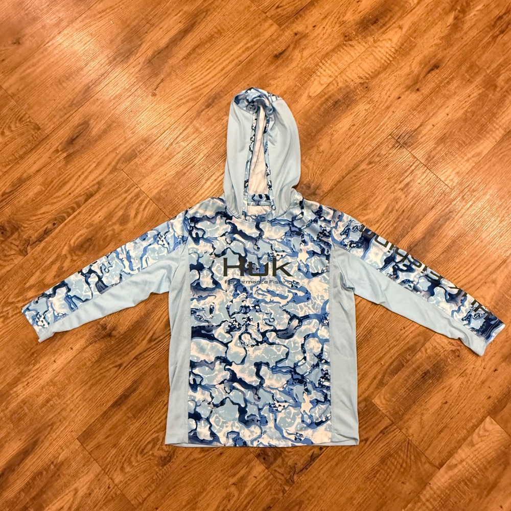 Huk Performance Fishing Youth Small Blue Camo Long Sleeve Hooded Shirt YS